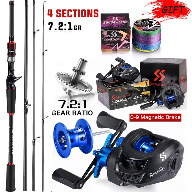 Sougayilang Angelrute Rollen Combo 1,8~2,1m Kohlefaser Casting Rute und 7,2:1 Übersetzung Baitcasting Rolle Max. Bremskraft 10kg für Barsch