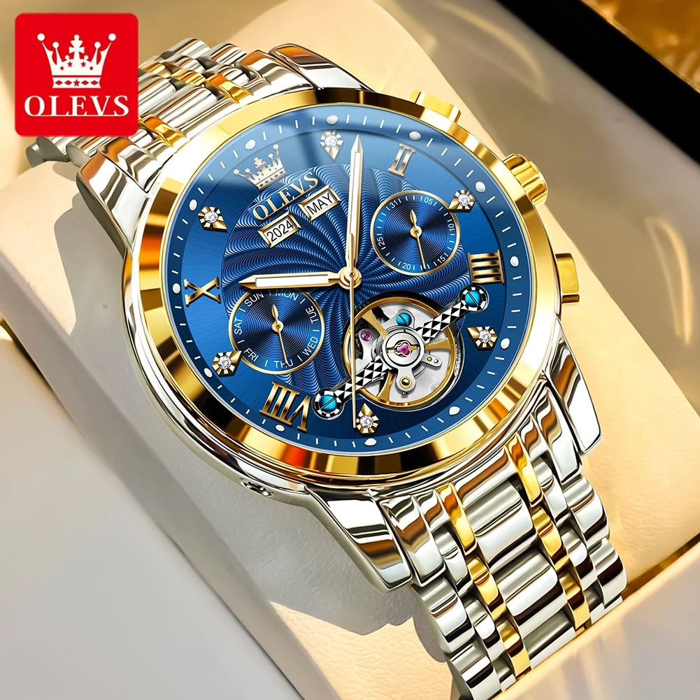 OLEVS Luxuriöse automatische mechanische Uhren für Herren, Skelett-Unruh-Kalender-Woche, Business-Herrenuhr, ausgehöhlte Herrenuhren