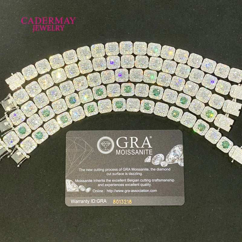 HipHop Jewelry 925silver 10mm Square Clustered Iced Out Green Mixed White Moissanite Bracelet Rock Candy Moissanite Tennis Chain