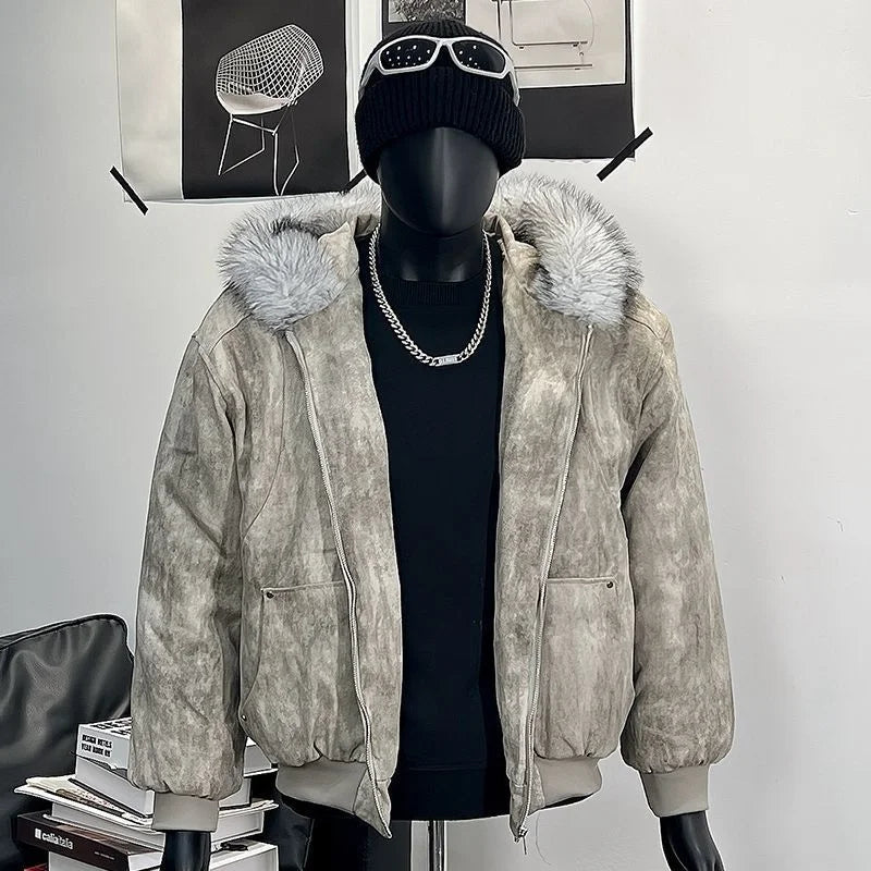 Y2K Cotton jacket with fur collar eagle embroidered and tie-dyeed winter men's design outdoor jacket thick and comfortable