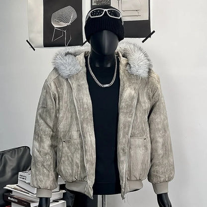 Y2K Cotton jacket with fur collar eagle embroidered and tie-dyeed winter men's design outdoor jacket thick and comfortable