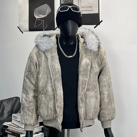 Y2K Cotton jacket with fur collar eagle embroidered and tie-dyeed winter men's design outdoor jacket thick and comfortable