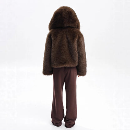 Women Faux Fur Short Coats Solid Hooded Jackets Long Sleeves Covered Button Thick Straight Office Lady Casual 2025 Autumn Winter