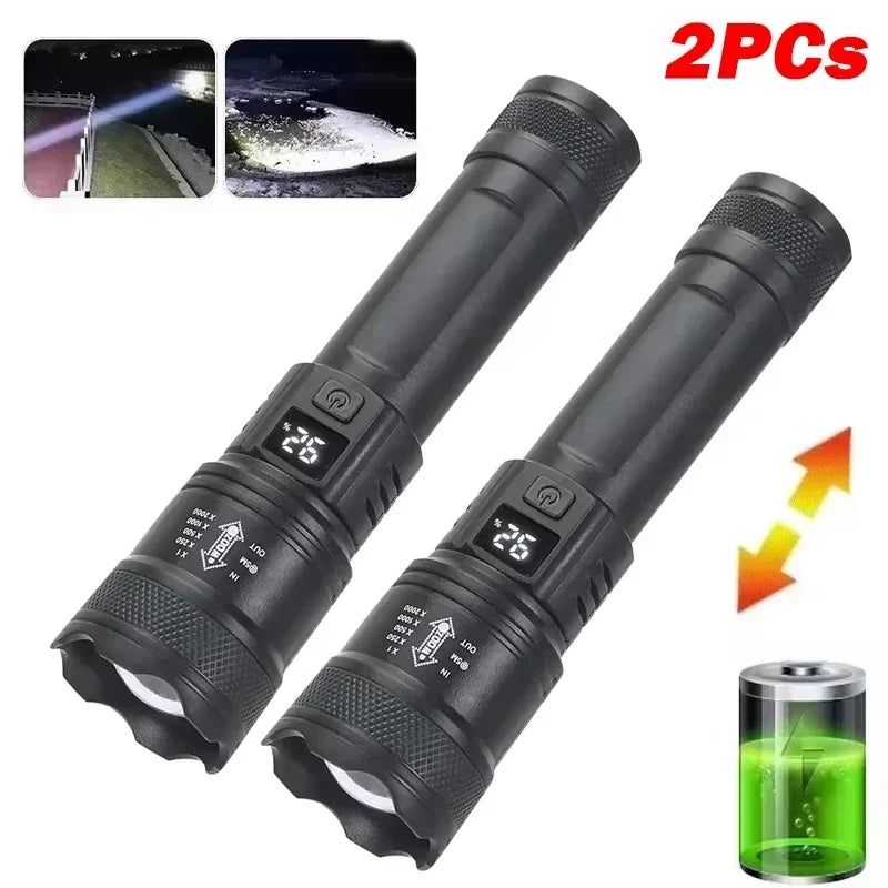 Leistungsstarke LED-Taschenlampen 300000LM Taktische Taschenlampe mit Displaylicht USB-Ladefunktion Camping Angeln Verteidigung Zoom-Laterne