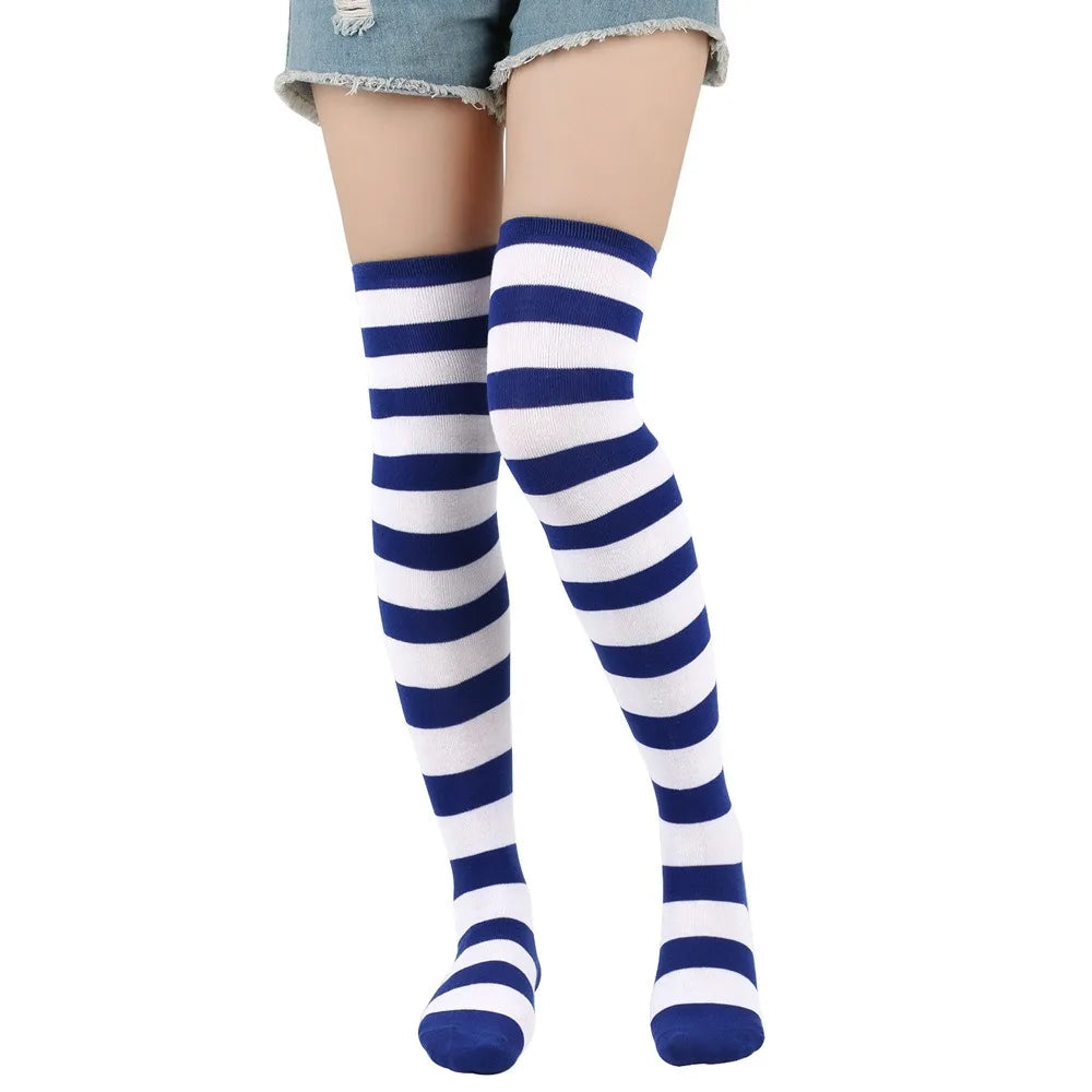 1 Paar stylische knielange JK-Socken, Damen-Streifensocken, hohe Socken, Mädchen-Oberschenkel-Socken. Mehrfarbige gestreifte niedliche Socken