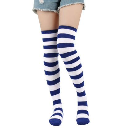 1 Paar stylische knielange JK-Socken, Damen-Streifensocken, hohe Socken, Mädchen-Oberschenkel-Socken. Mehrfarbige gestreifte niedliche Socken