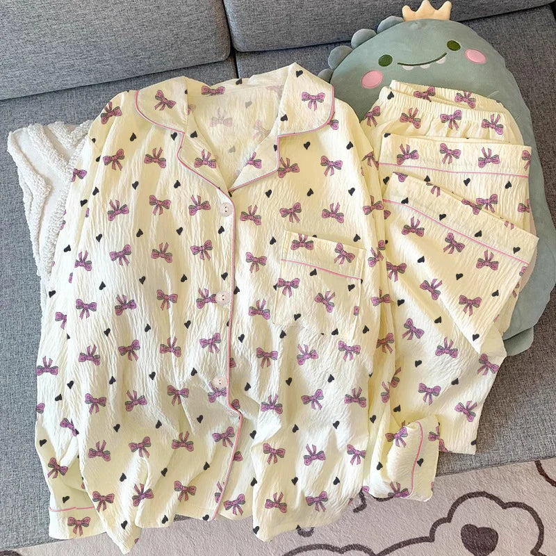 Pink Bow Dtie Design Pajamas for Women Long Sleeve Top & Elastic Waist Pants Pajamas Set Style Casual New Home Wear