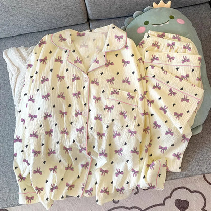 Pink Bow Dtie Design Pajamas for Women Long Sleeve Top & Elastic Waist Pants Pajamas Set Style Casual New Home Wear