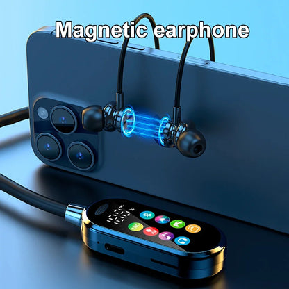 Magnetic earphone setup with smartphone and control device on a blue background