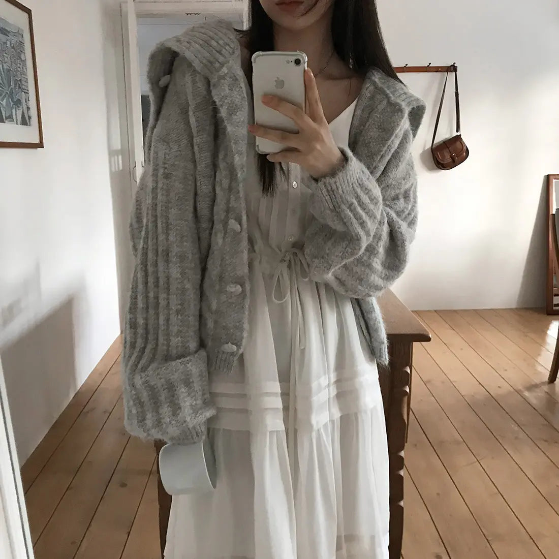 Women's Chic Autumn Winter Knitted Sweater Thi Needle Long Sve Navy Collar Lazy Knit Open Cardigan Soft Cozy Top