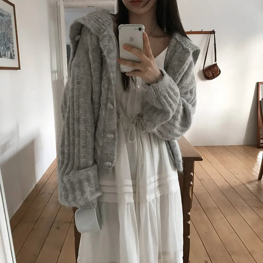 Women's Chic Autumn Winter Knitted Sweater Thi Needle Long Sve Navy Collar Lazy Knit Open Cardigan Soft Cozy Top