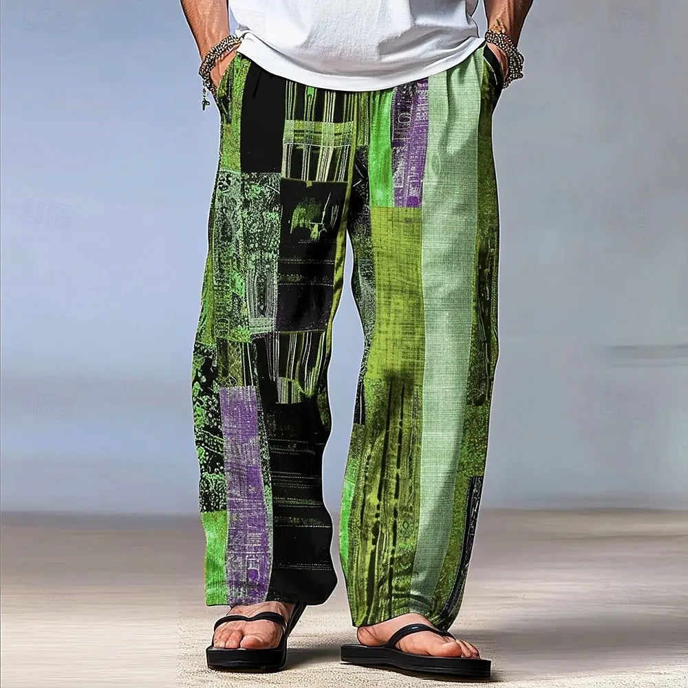 Men's Color Block Patchwork Pants Trousers Mid Waist Drawstring Elastic Waist Hawaiian Casual Outdoor Straight Leg Trousers