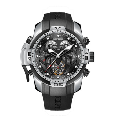 Reef Tiger watch with black and silver design on a white background