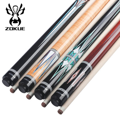 Set of ZOKUE pool cues with various designs on a white background