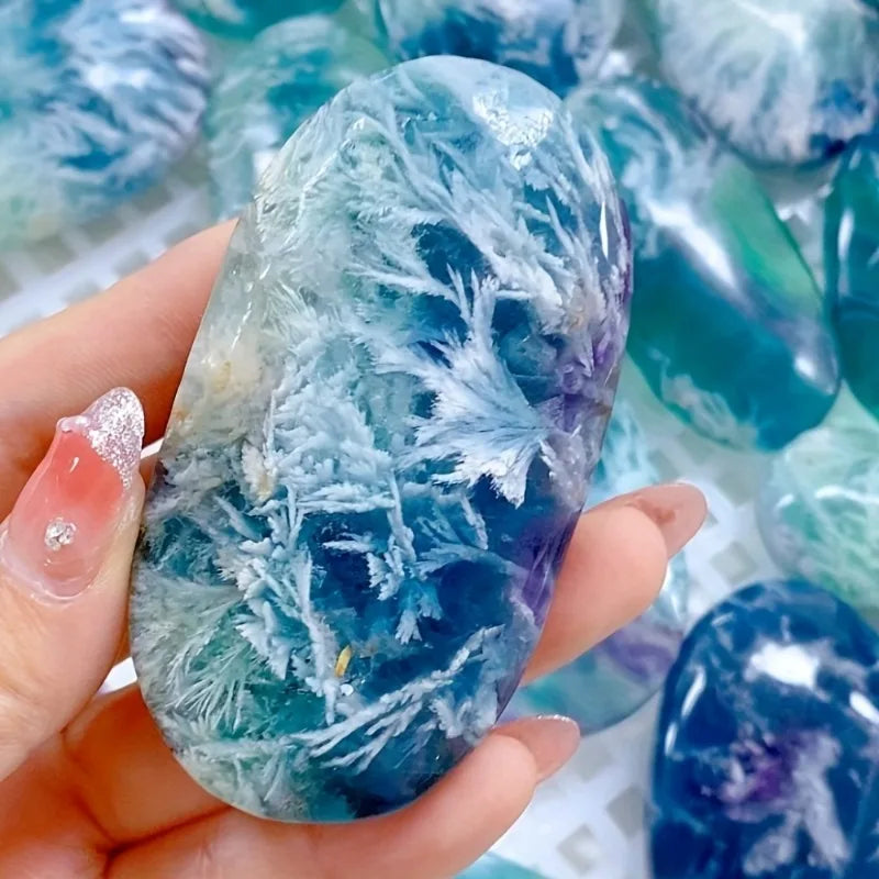 Quality Snowflake fluorite palm stone polished crystal palm stone vibrant color with purple