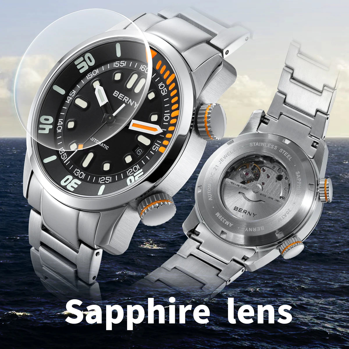 Two silver watches with black faces on a water background, featuring the brand 'Bern'.