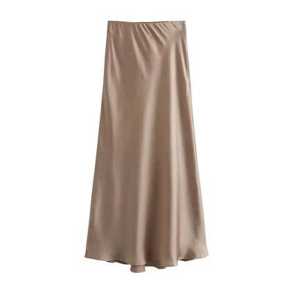 Willshela 2024 Black Satin Skirt Woman High Waist Elegant Long Skirts For Women Fashion Summer Midi Skirt Office Women's Skirts
