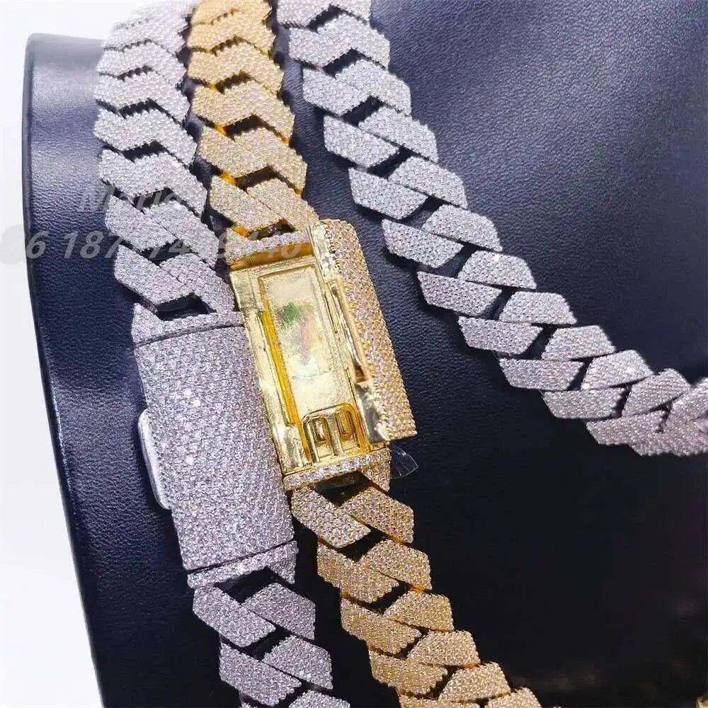 15-20mm 4 Rows Vvs Moissanite Sterling Silver 925 Diamond Chain Cuban 18k Rose Gold Plated Cuban Chain