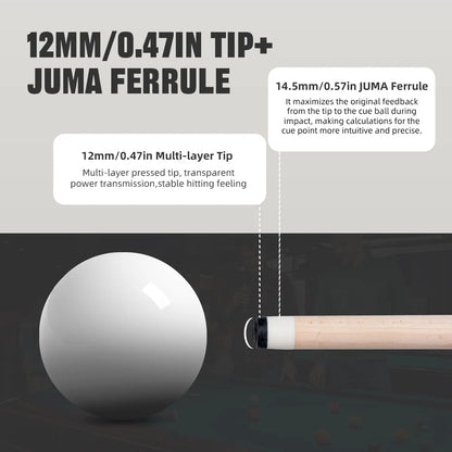 Billiard cue tip and ferrule with text on a gray background