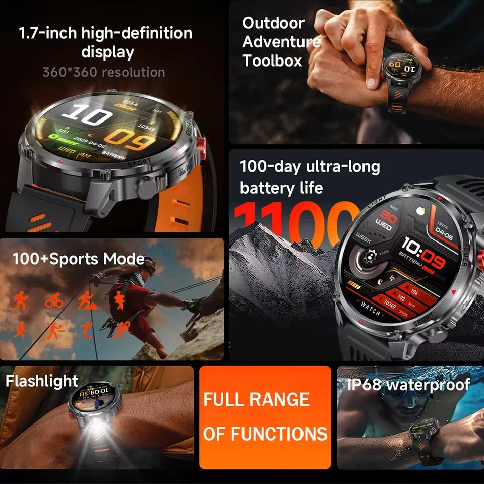 2026 New Military Outdoor Smart Watch Men GPS Compass Altimeter 5ATM Waterproof 1100mAh Battery Bluetooth Call Tactical Sports