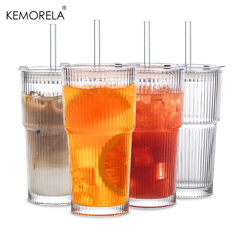 Four clear tumblers with different beverages on a white background, featuring the KEMORELA brand.