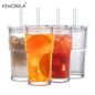 Four clear tumblers with different beverages on a white background, featuring the KEMORELA brand.
