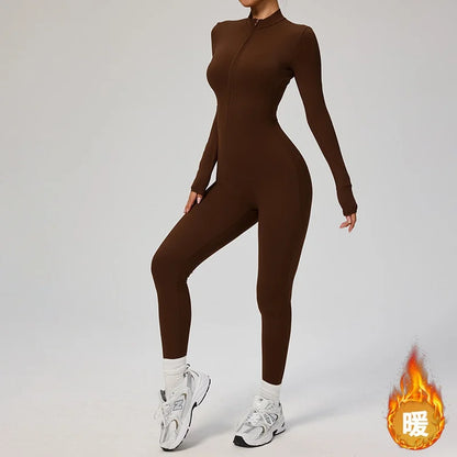 Zipper Winter Fleece Yoga Jumpsuits for Women Bodysuit Longsleeve Sport Overalls Fitness One-Piece Suit Gym Workout Tracksuit