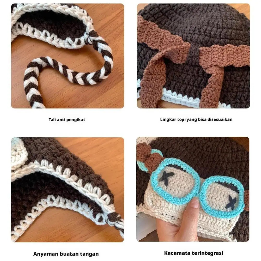 Korean Niche Pilot Knitted Hat With Detachable Glasses Funny Knitted Beanie Cap Unisex Autumn Winter Warm Ear Protection Hats