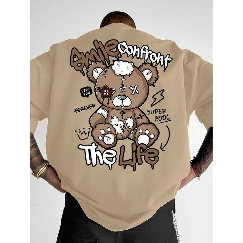 Summer's new fashionable men's Teddy bear letter printed comfortable and breathable neck T-shirt with outdoor high street top