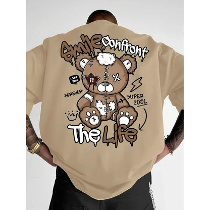 Summer's new fashionable men's Teddy bear letter printed comfortable and breathable neck T-shirt with outdoor high street top