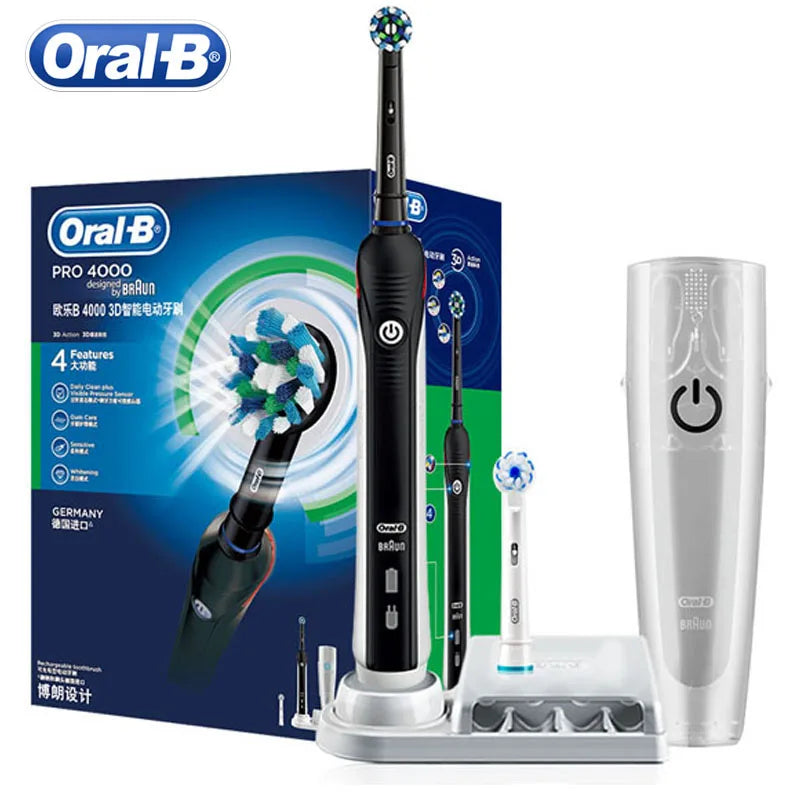 Oral B Elektrische Zahnbürste Pro 4000 3D-Reinigung Tägliche Reinigung Zähne Sichtbarer Andrucksensor 4 Modi Zahnfleischpflege Wasserdicht Wiederaufladbar