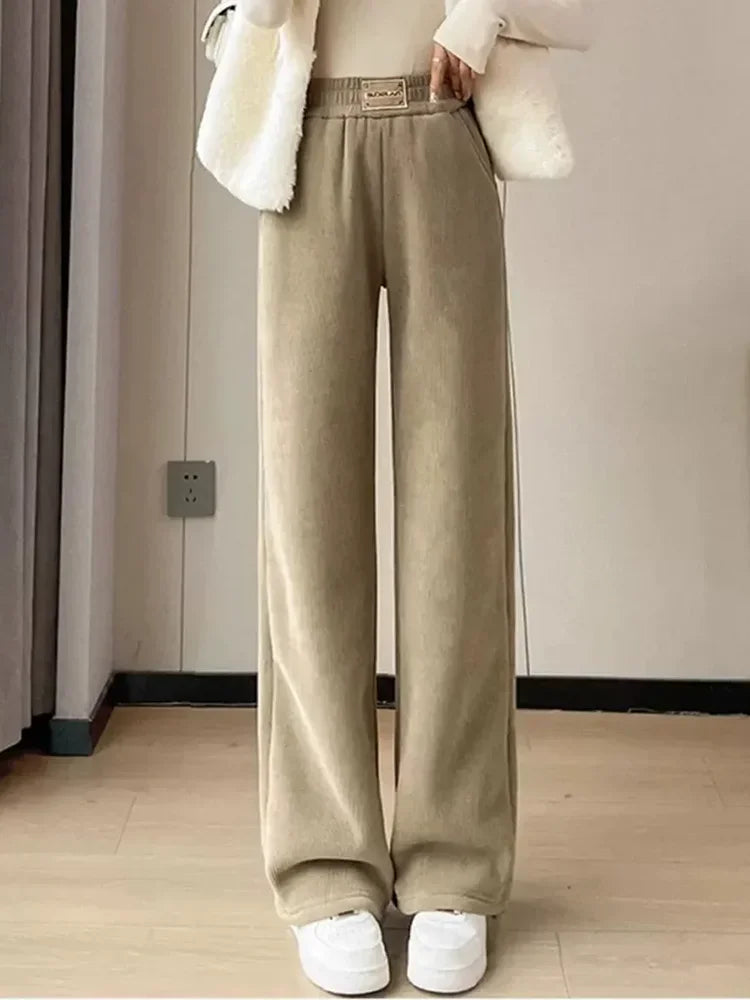Winter Warm Thicken Lambswool Straight Pants Women Casual Elastic High Waist Fleece lined Wide Leg Pantalones Chic Baggy Calca