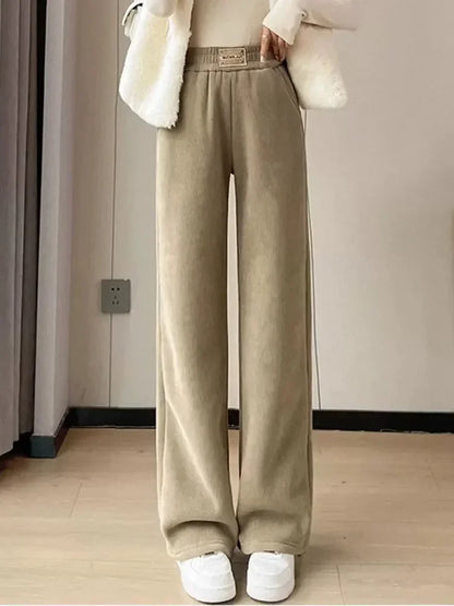Winter Warm Thicken Lambswool Straight Pants Women Casual Elastic High Waist Fleece lined Wide Leg Pantalones Chic Baggy Calca