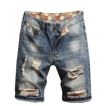 Herren Blaue Denim Shorts Mode Casual Jeans Kurze Hosen mit Taschen zerrissen und Kratzer Dekoration Asiatische Größe 28-40 42 44 46 48