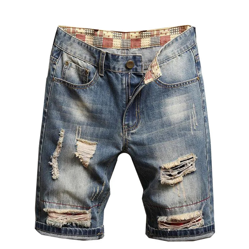 Herren Blaue Denim Shorts Mode Casual Jeans Kurze Hosen mit Taschen zerrissen und Kratzer Dekoration Asiatische Größe 28-40 42 44 46 48