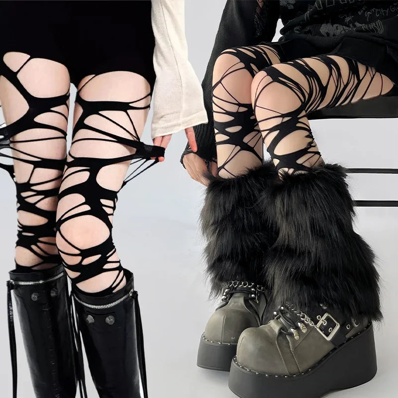 Fashion Punk Zerrissene Träger Löcher Strumpfhose Nue Sexy Lolita Gothic Spinnennetz Strümpfe Damen Y2k Schwarze Netz Weiche Strumpfhose Hohe Strümpfe