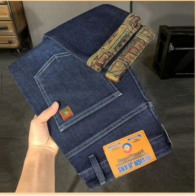 Autumn and Winter Fleece Men's Denim Pants European Style Straight-leg Stretch Loose and Versatile Korean Style Trendy Pants