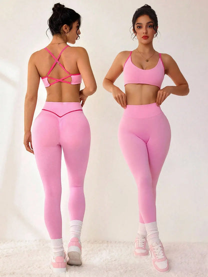 Cross-border New Arrival European and American Sexy Backless Sports Bra Thong High-waisted Colorblock Outdoor Yoga Leggings Wome
