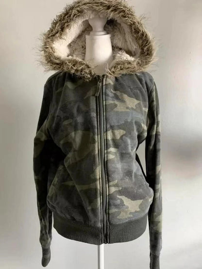 Subculture Gothic Women Coats with Hoodies Vintage Black Jackets Faux Fur Coat Female Loose Casual Sweatshirt