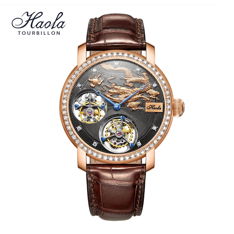 18K Gold Double Tourbillon Movement Skeleton Watch Mechanical Diamond Rose Watch Sapphire