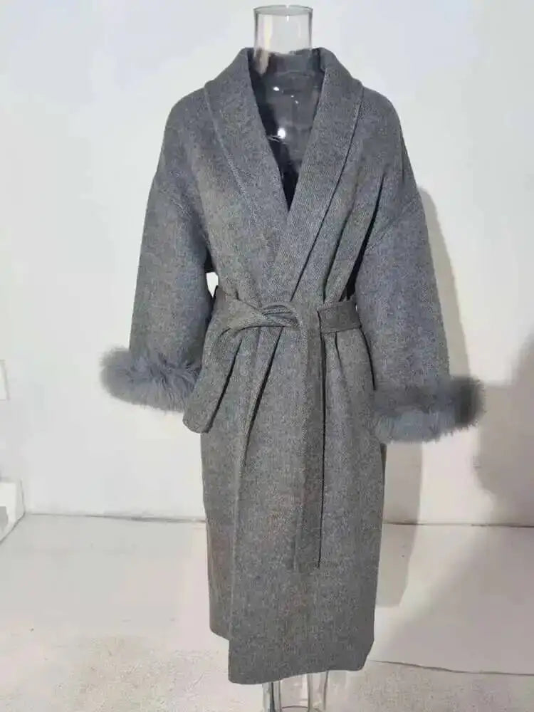 UCXQ Eleganter OL Business-Mantel Pelz-Patchwork Langarm Wollmantel Schöne Damenbekleidung Jacke Herbst 2025 Winter