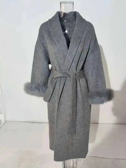 UCXQ Eleganter OL Business-Mantel Pelz-Patchwork Langarm Wollmantel Schöne Damenbekleidung Jacke Herbst 2025 Winter