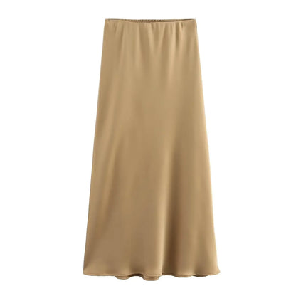 Willshela 2024 Black Satin Skirt Woman High Waist Elegant Long Skirts For Women Fashion Summer Midi Skirt Office Women's Skirts