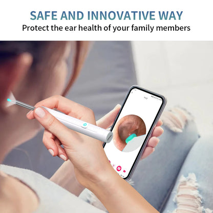 Person using ear cleaning tool with smartphone app on a blurred background