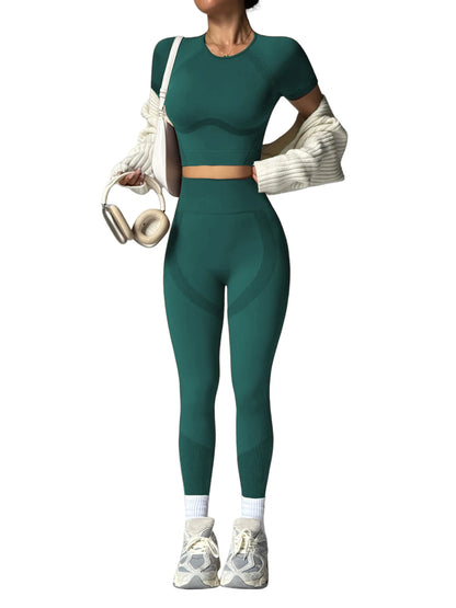 2Pcs Women's Sturdy Activewear Set, Breathable Waistless Short Sleeves and High Waist Pants, Yoga Gym Workout for Running,
