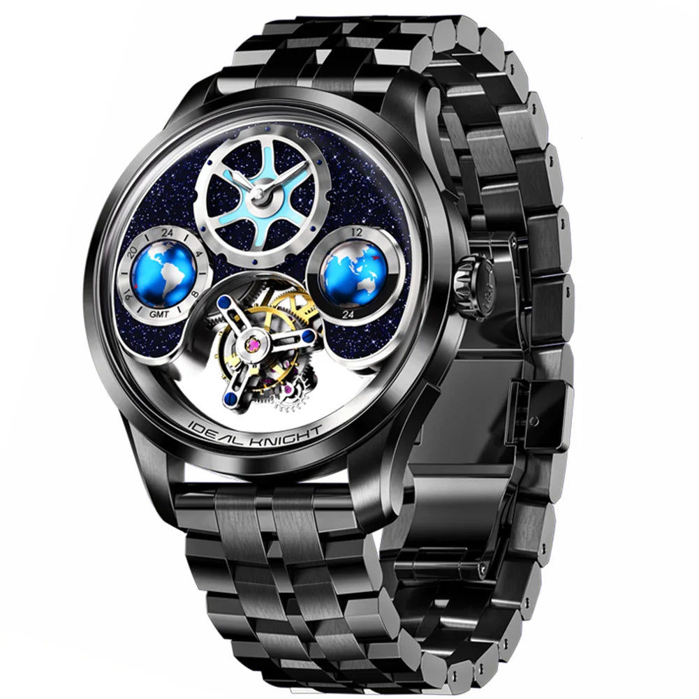 IDEAL KNIGH Watch Advanced Tourbillon Automatic Mechanical Watch Waterproof Luminous Dual Region Time