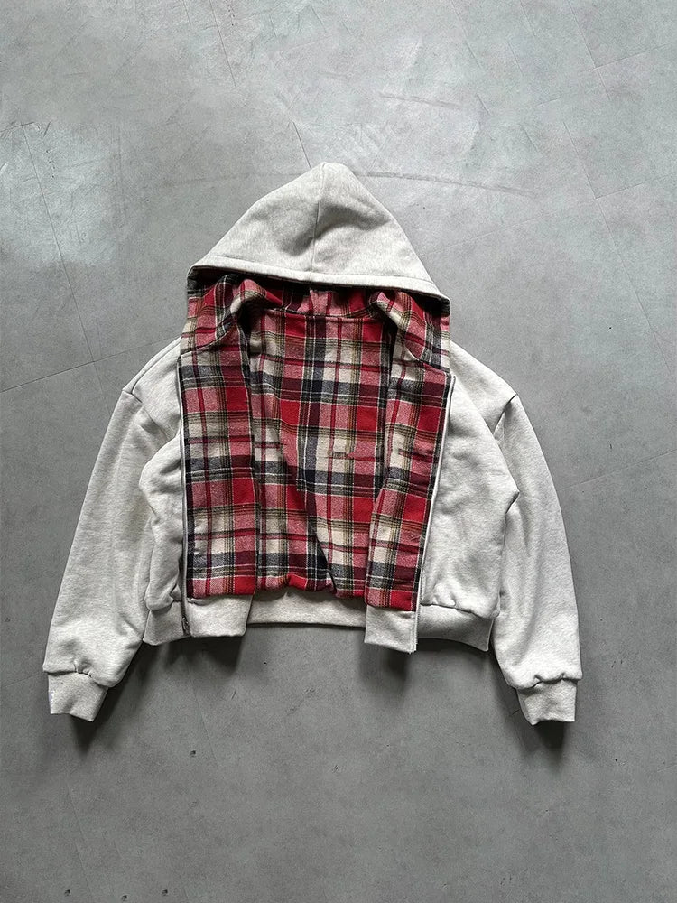 Heavy Plaid Hoodie Women's Warm Zip-Up Double-Sided Sweatshirt