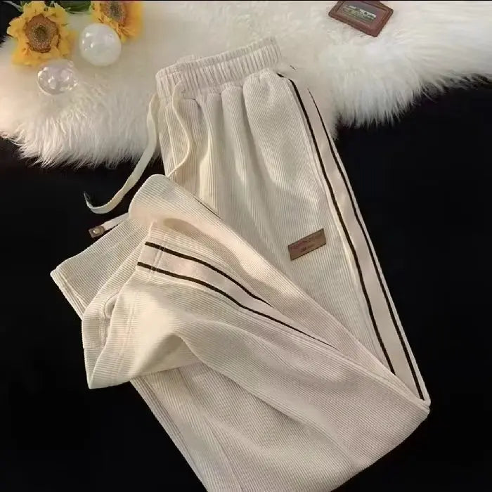 Loose Casual Pants Women's Straight Leg Sport Wide Leg Pants Corduroy Comfortable High Waist Long Pants Asymmetric Design