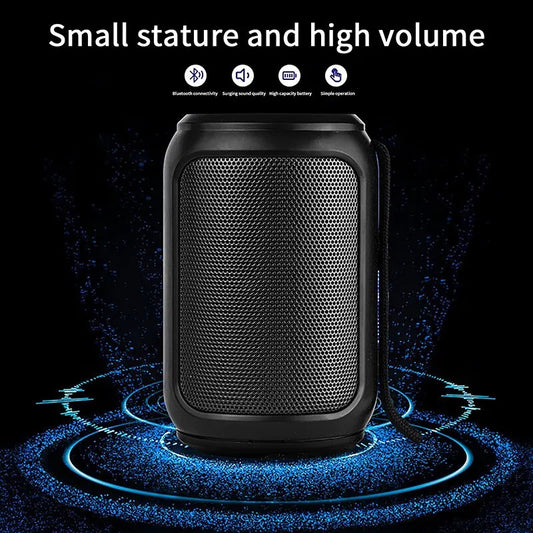Black portable speaker with text 'Small stature and high volume' on a dark background
