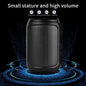Black portable speaker with text 'Small stature and high volume' on a dark background